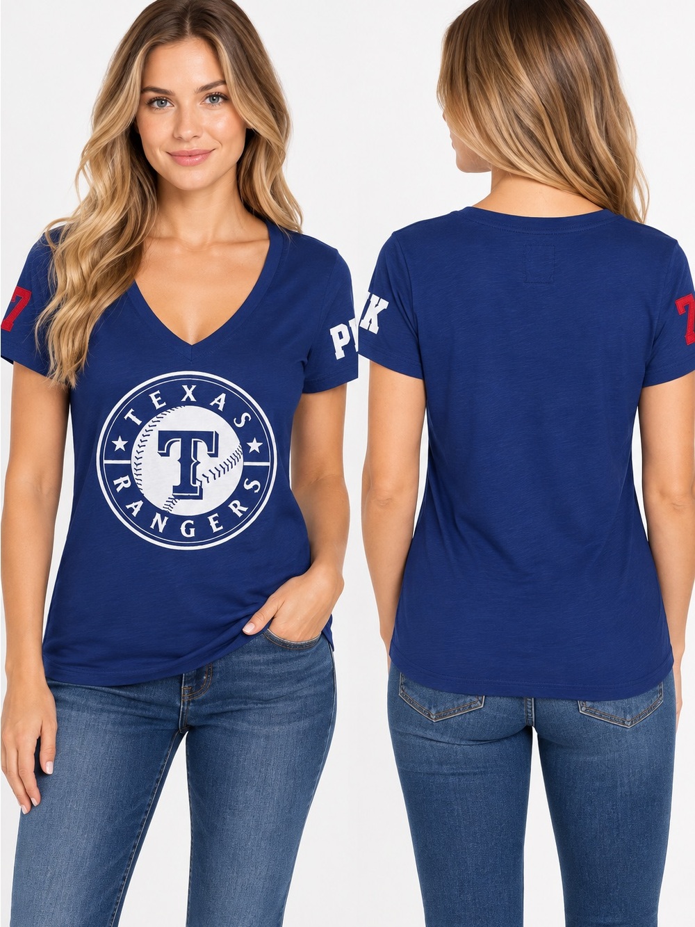 Texas Rangers Women's Blue V-Neck Logo Tee